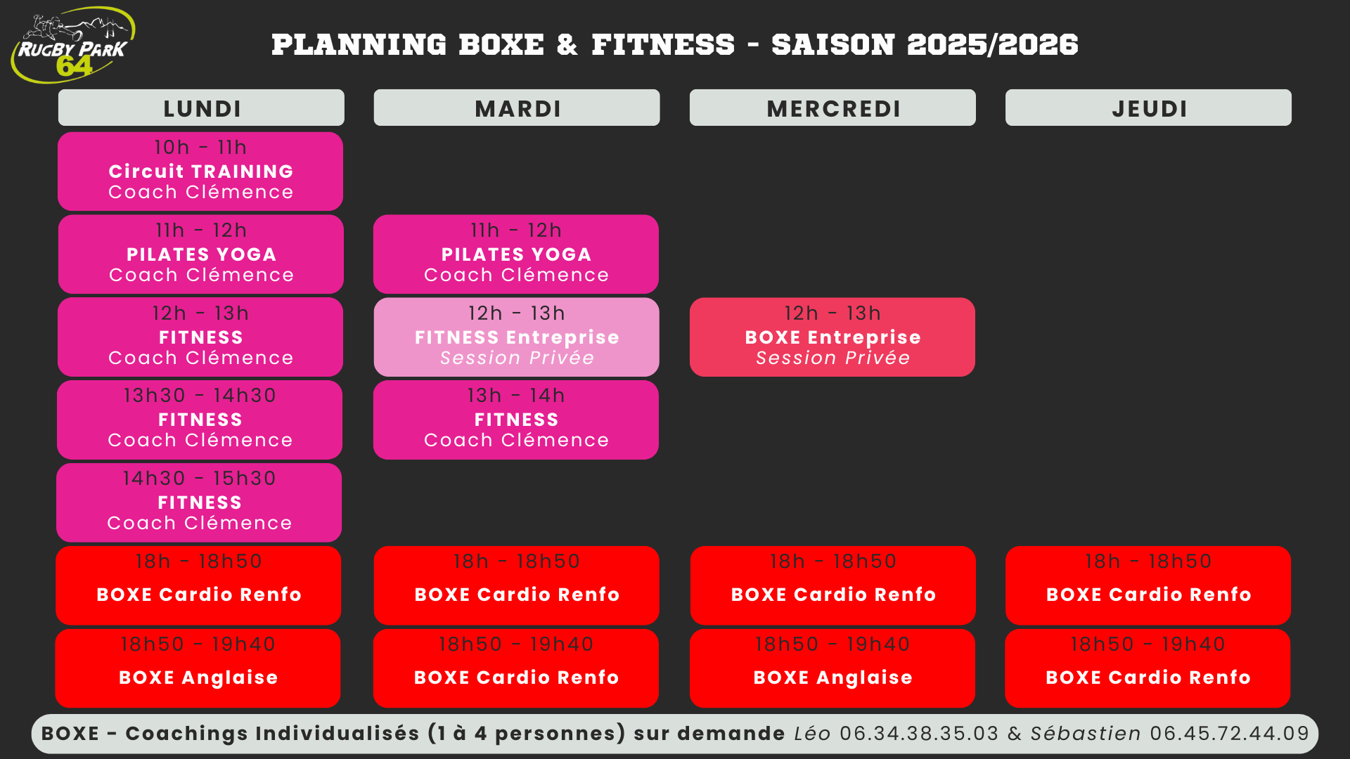 Planning Boxe & Fitness - Saison Régulière 2025-2026 - Rugby Park 64