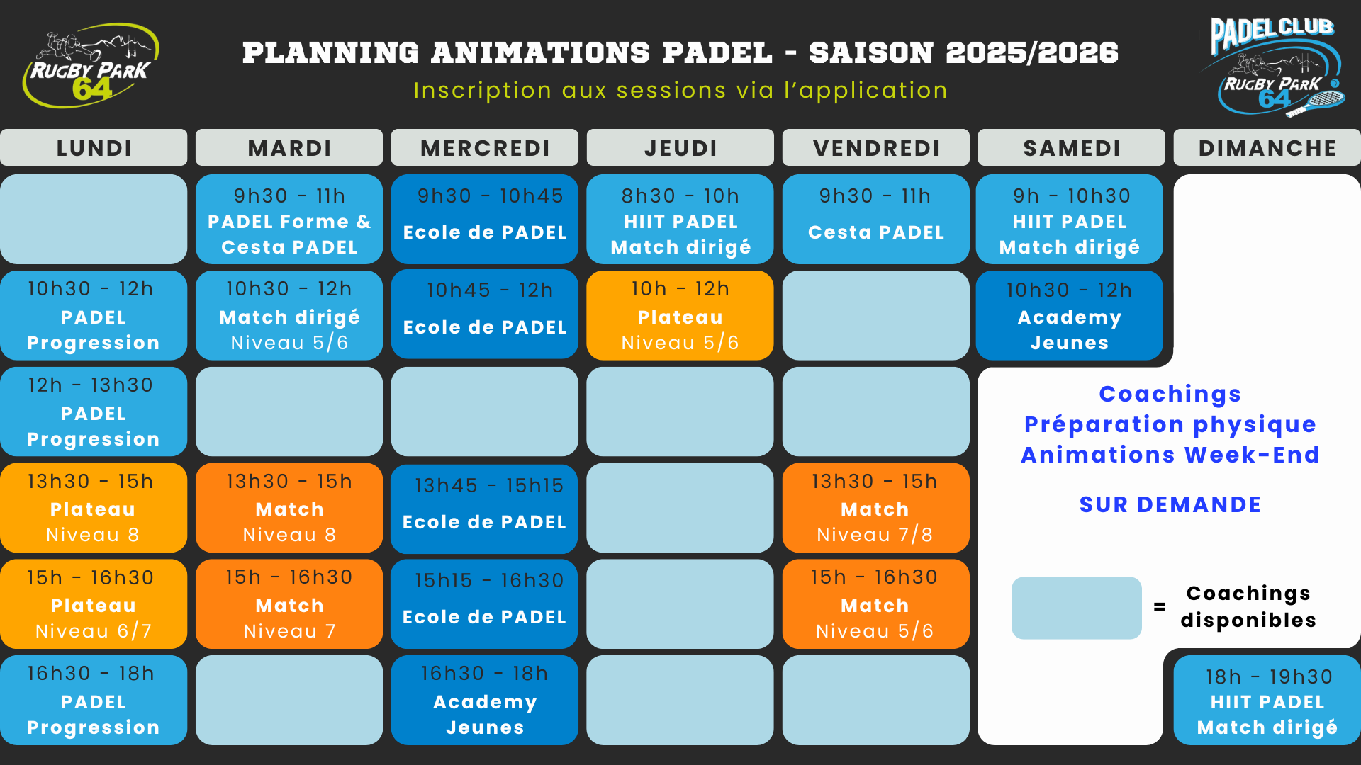 Planning Padel - Saison Régulière 2025-2026 - Rugby Park 64